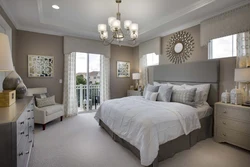 Color combination of gray and beige in the bedroom interior