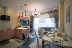 Kitchen living room design 18 sq m rectangular with balcony photo