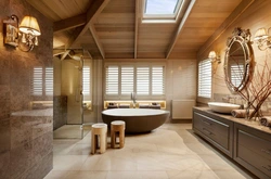 Photo of a bathtub in a wooden style