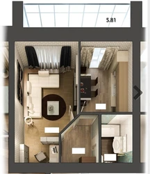 Design of a one-room apartment 36 sq m with a balcony