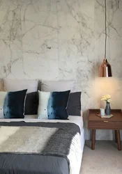 Bedroom design with marbled wallpaper