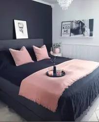 Dark gray bed in the bedroom photo