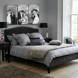Dark gray bed in the bedroom photo