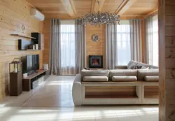 Living room in a modern style in a wooden house photo