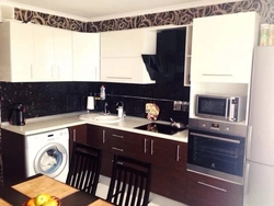 Kitchen design 8 sq.m. with refrigerator and washing machine