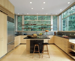 Kitchen design with panoramic windows in a modern style photo