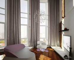 Curtains for panoramic windows in the living room design photo