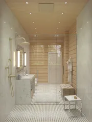 Дызайн ваннага пакоя ў драўлянай хаце з душавой кабінай