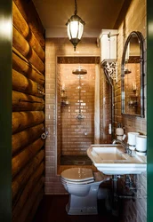 Bathroom design in a wooden house with shower