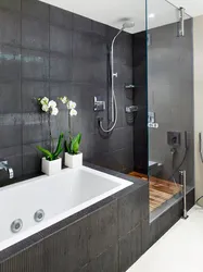 Бір қабырғада ванна мен душ бар ванна бөлмесінің дизайны
