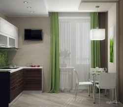 White Kitchen Interior With Green Curtains
