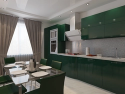 White kitchen interior with green curtains