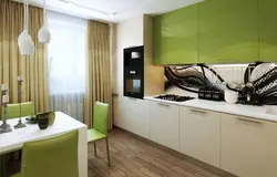 White Kitchen Interior With Green Curtains