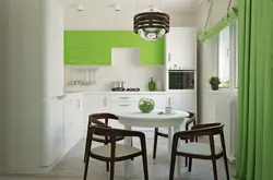 White Kitchen Interior With Green Curtains