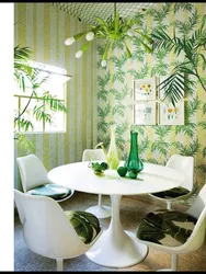 Wallpaper with leaves in the kitchen interior