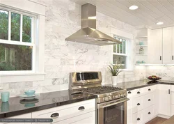 Kitchen design with marbled splashback