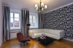 Wallpaper In The Interior Of The Living Room With Dark Furniture