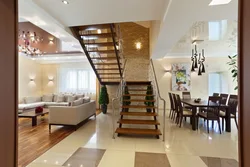 Interior of a living room combined with a staircase