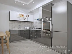 Corner kitchen design in gray tones