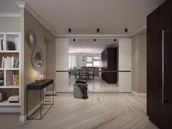 Дизайн гостиной с кухней и коридором в доме