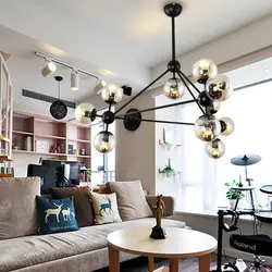 Loft chandelier in the living room interior