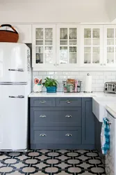 Interior design of kitchen with white refrigerator