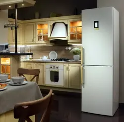 Interior design of kitchen with white refrigerator