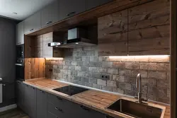 Black kitchen with wood interior design