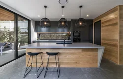 Black kitchen with wood interior design