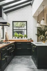 Black kitchen with wood interior design