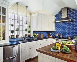 Kitchen interior with blue apron