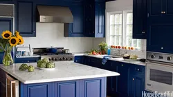 Kitchen interior with blue apron