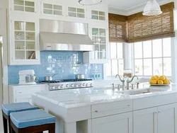 Kitchen interior with blue apron
