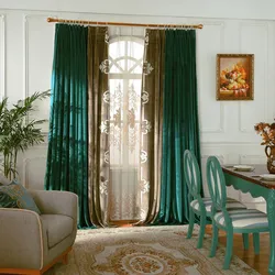 Emerald curtains in the kitchen interior