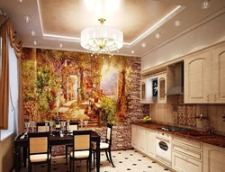 Finishing the kitchen with stone and wallpaper photo