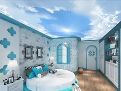 Bedroom With Blue Ceiling Design