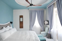 Bedroom With Blue Ceiling Design