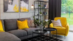 Gray and mustard in the bedroom interior