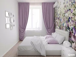 Белые стены в интерьере спальни с шторами