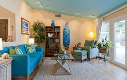 Combination of blue color in the living room interior photo