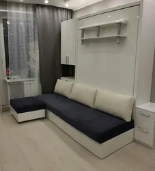 Дызайн маленькай спальні ў сучасным стылі з канапай