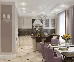 White Interior Kitchen With Living Room With Porcelain Stoneware