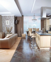 White interior kitchen with living room with porcelain stoneware