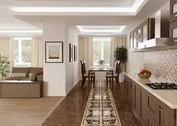 White interior kitchen with living room with porcelain stoneware