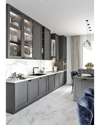 Kitchen design in gray and white tones in a modern style