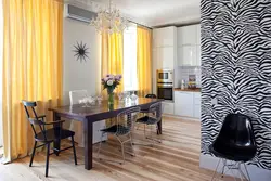 Yellow curtains in the kitchen interior photo