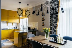 Yellow curtains in the kitchen interior photo
