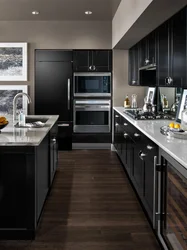 Kitchen Interior In Black And Gray Color