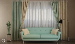 Mint-colored curtains in the living room interior