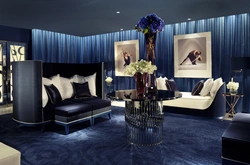 Living room interior with dark blue wallpaper